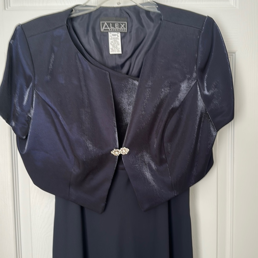 2 piece Navy long gown with small gemstone closure in excellent condition